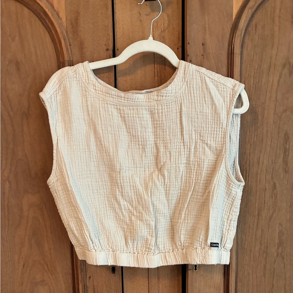 Calvin Klein Cream Textured Gauze Cropped Muscle Blouse